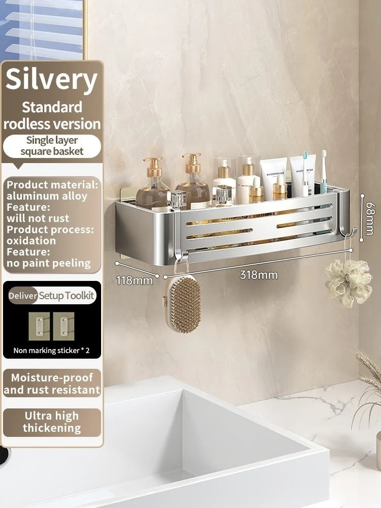 No Need To Drill Walls for installation Aluminum Bathroom Shelf Shelves Shampoo Rack Storage Holder Kitchen Organizer Wall Rack