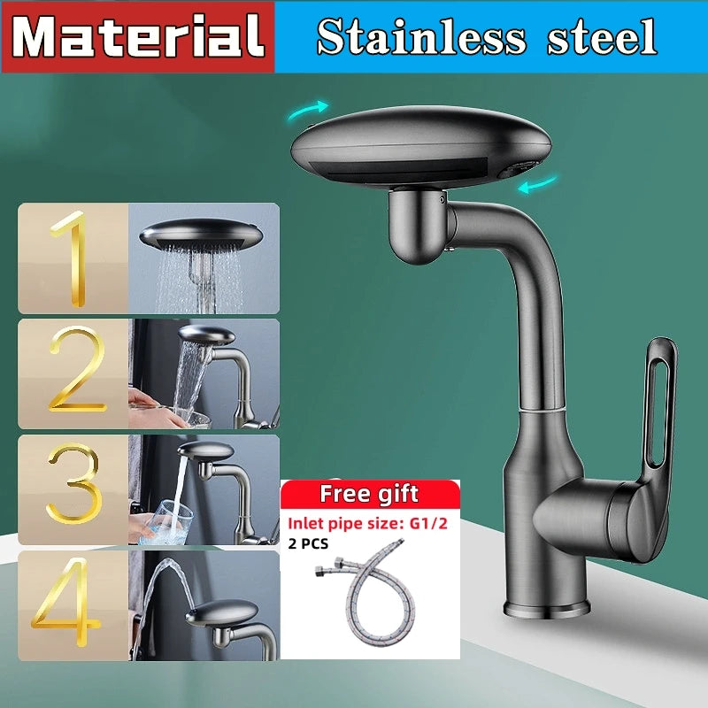 MultiFunctional Waterfall Basin Faucet 4 Modes Stream Sprayer 360° Rotation Hot Cold Water Sink Mixer Wash for Bathroom