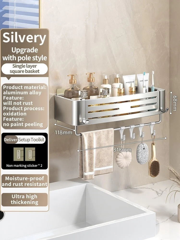 No Need To Drill Walls for installation Aluminum Bathroom Shelf Shelves Shampoo Rack Storage Holder Kitchen Organizer Wall Rack