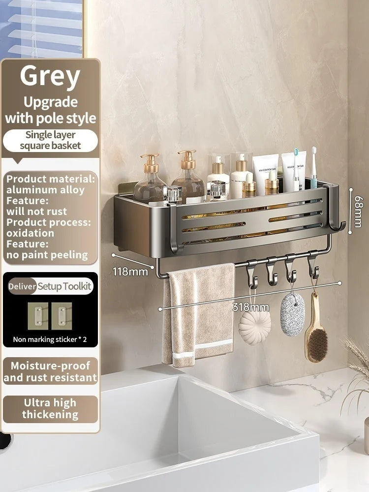 No Need To Drill Walls for installation Aluminum Bathroom Shelf Shelves Shampoo Rack Storage Holder Kitchen Organizer Wall Rack