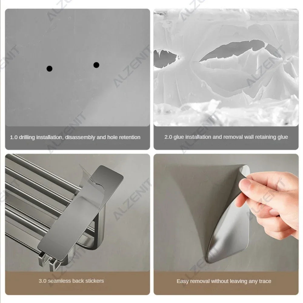 Gun Gray No Drilling Towel Rack Movable Holder With Hooks Wall Mount Shelves Aluminum Shower Hanger Rail Bathroom Accessories