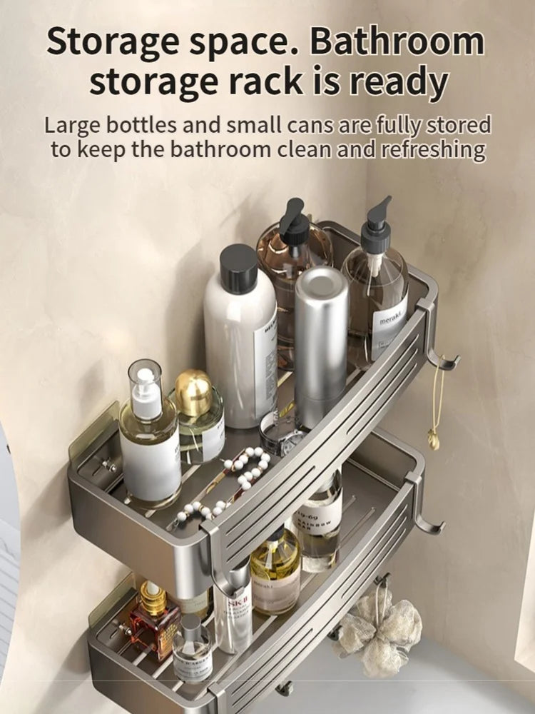 No Need To Drill Walls for installation Aluminum Bathroom Shelf Shelves Shampoo Rack Storage Holder Kitchen Organizer Wall Rack