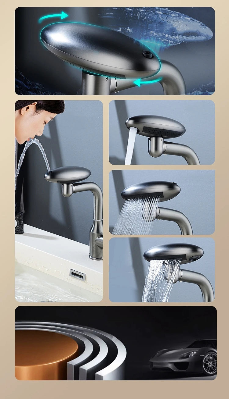 MultiFunctional Waterfall Basin Faucet 4 Modes Stream Sprayer 360° Rotation Hot Cold Water Sink Mixer Wash for Bathroom