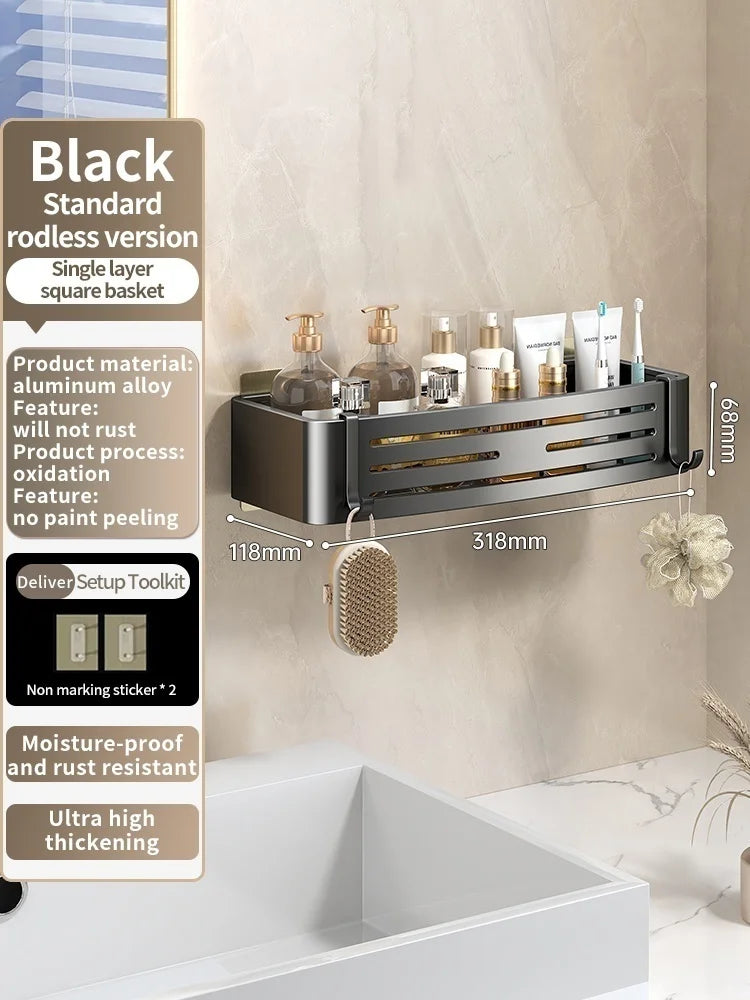 No Need To Drill Walls for installation Aluminum Bathroom Shelf Shelves Shampoo Rack Storage Holder Kitchen Organizer Wall Rack