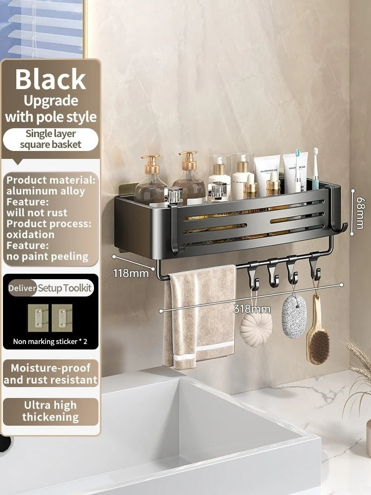No Need To Drill Walls for installation Aluminum Bathroom Shelf Shelves Shampoo Rack Storage Holder Kitchen Organizer Wall Rack