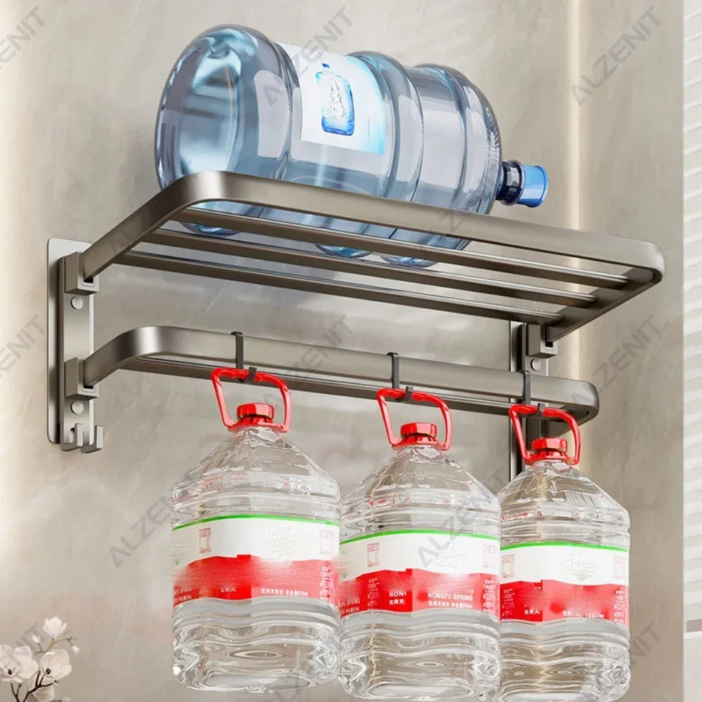 Gun Gray No Drilling Towel Rack Movable Holder With Hooks Wall Mount Shelves Aluminum Shower Hanger Rail Bathroom Accessories
