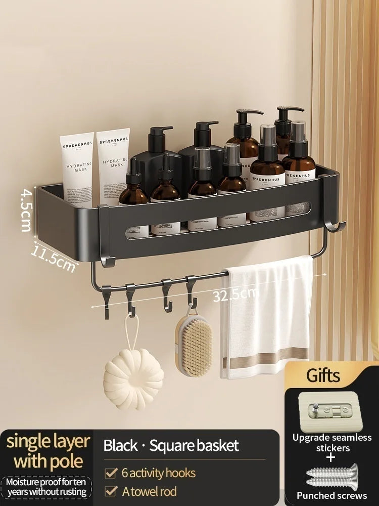 No Need To Drill Walls for installation Aluminum Bathroom Shelf Shelves Shampoo Rack Storage Holder Kitchen Organizer Wall Rack