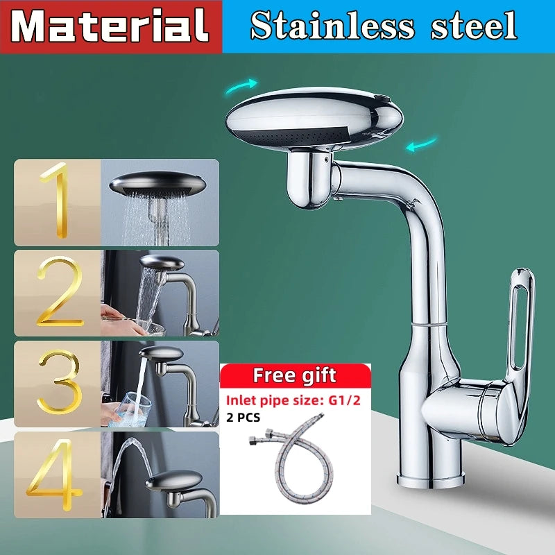 MultiFunctional Waterfall Basin Faucet 4 Modes Stream Sprayer 360° Rotation Hot Cold Water Sink Mixer Wash for Bathroom