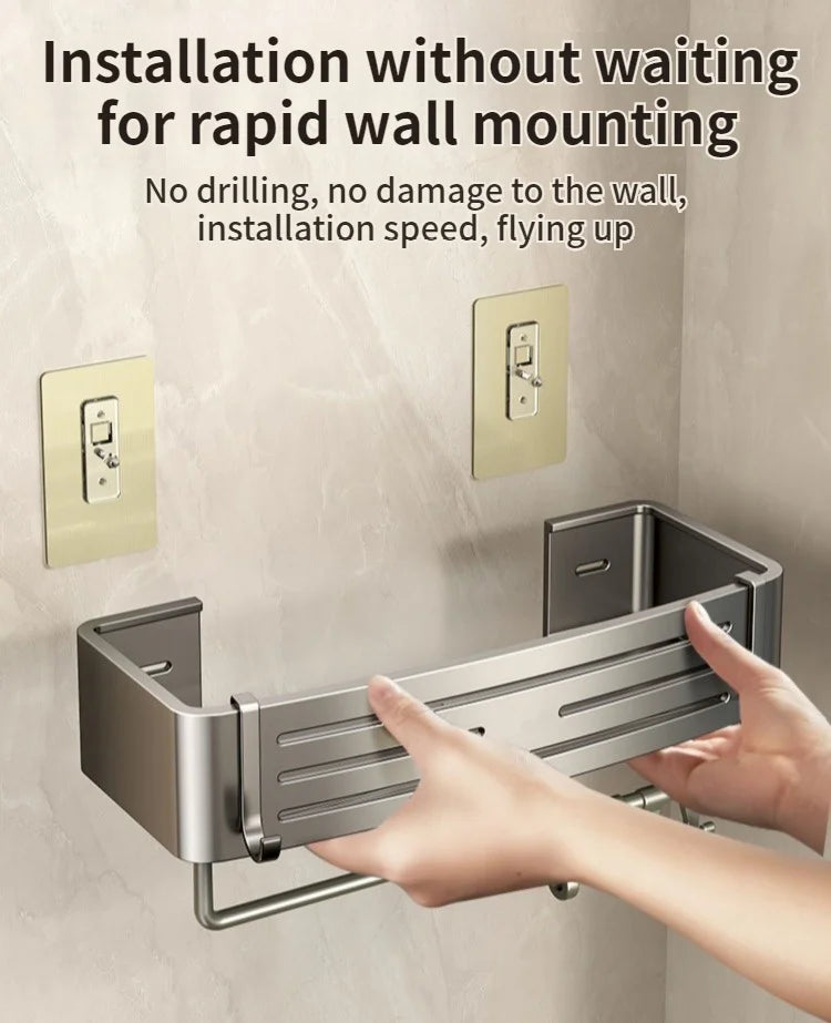 No Need To Drill Walls for installation Aluminum Bathroom Shelf Shelves Shampoo Rack Storage Holder Kitchen Organizer Wall Rack