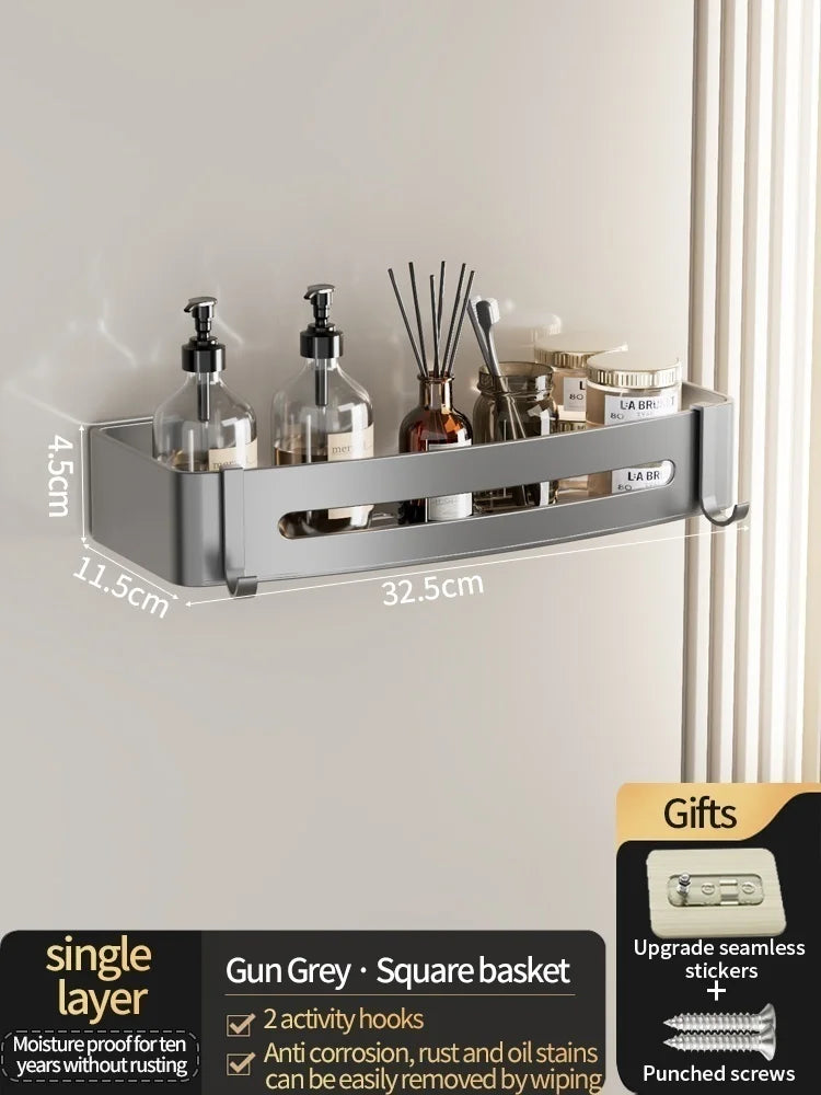 No Need To Drill Walls for installation Aluminum Bathroom Shelf Shelves Shampoo Rack Storage Holder Kitchen Organizer Wall Rack