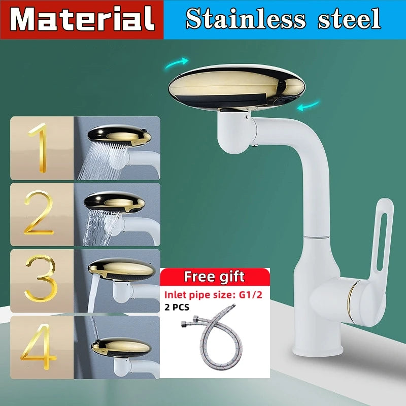 MultiFunctional Waterfall Basin Faucet 4 Modes Stream Sprayer 360° Rotation Hot Cold Water Sink Mixer Wash for Bathroom