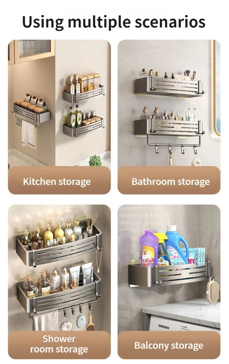 No Need To Drill Walls for installation Aluminum Bathroom Shelf Shelves Shampoo Rack Storage Holder Kitchen Organizer Wall Rack