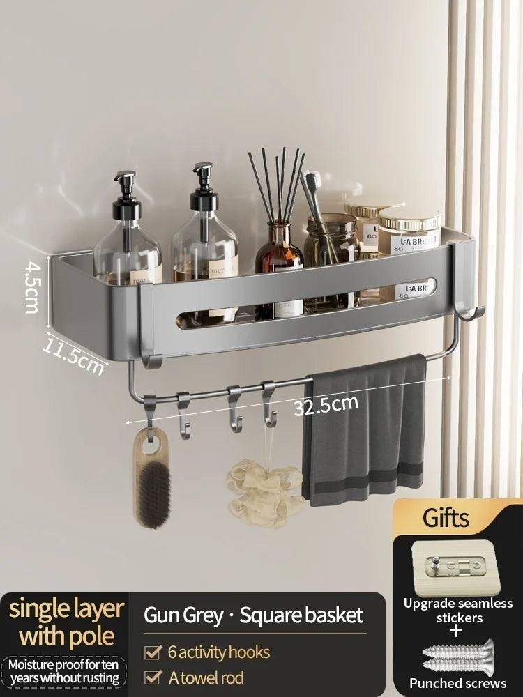 No Need To Drill Walls for installation Aluminum Bathroom Shelf Shelves Shampoo Rack Storage Holder Kitchen Organizer Wall Rack