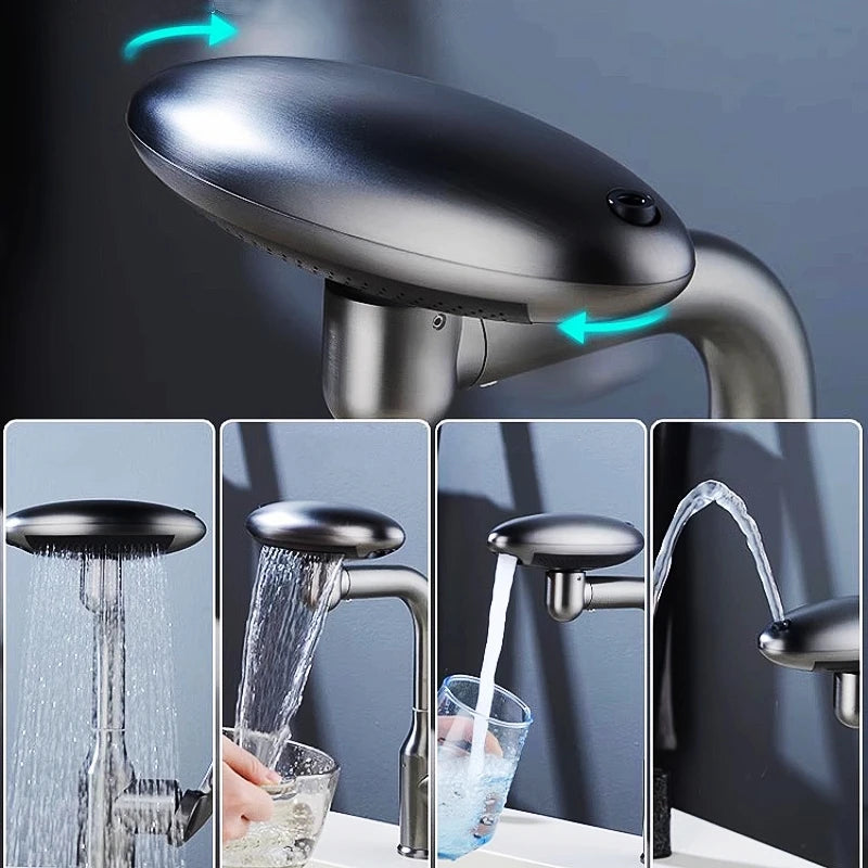 MultiFunctional Waterfall Basin Faucet 4 Modes Stream Sprayer 360° Rotation Hot Cold Water Sink Mixer Wash for Bathroom