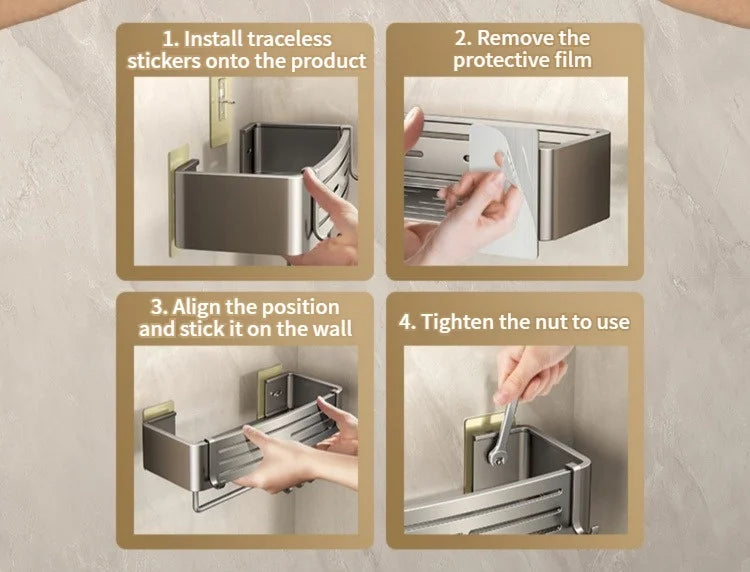 No Need To Drill Walls for installation Aluminum Bathroom Shelf Shelves Shampoo Rack Storage Holder Kitchen Organizer Wall Rack