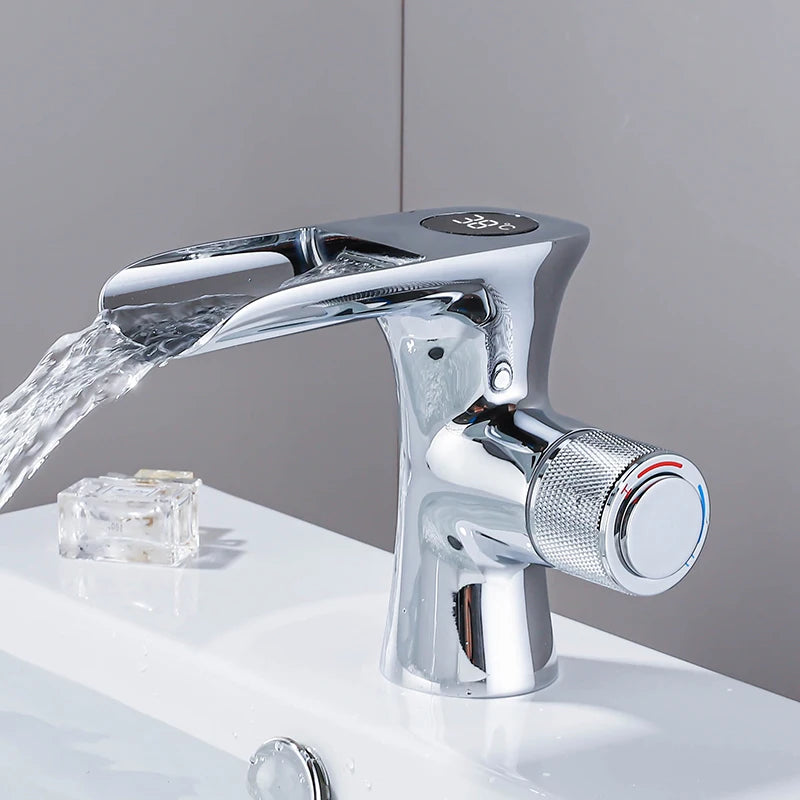 LED Digital Basin Faucet Black Bath Basin Mixer Brass Temperature Display Faucet Smart Tap Sink Faucet For Bathroom A186