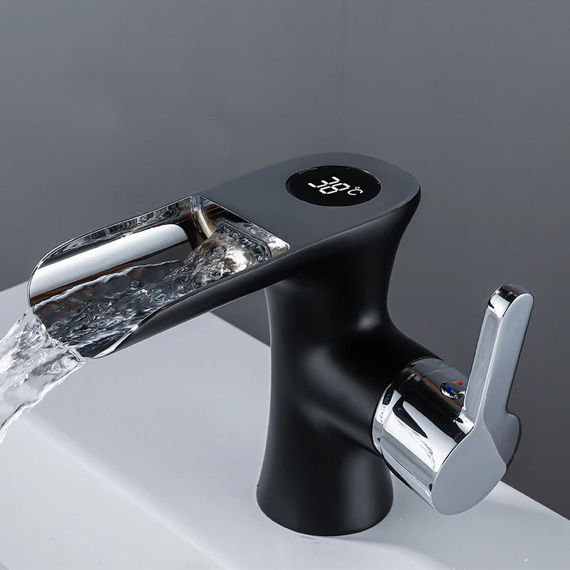 LED Digital Basin Faucet Black Bath Basin Mixer Brass Temperature Display Faucet Smart Tap Sink Faucet For Bathroom A186