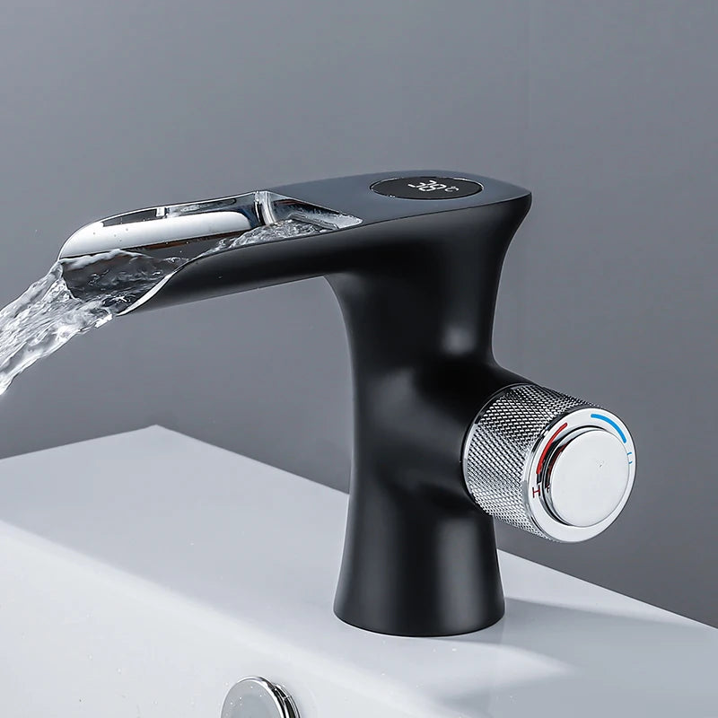 LED Digital Basin Faucet Black Bath Basin Mixer Brass Temperature Display Faucet Smart Tap Sink Faucet For Bathroom A186
